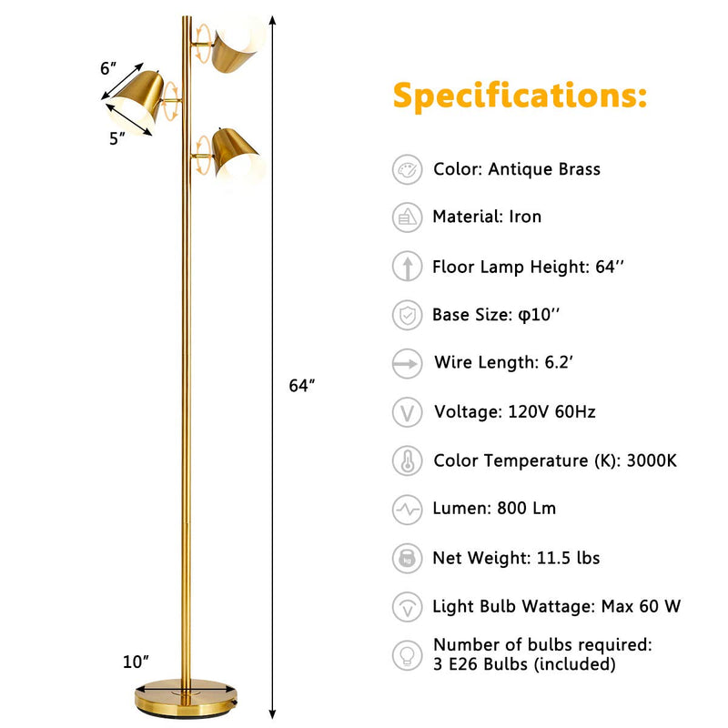 ARLIME 3-Light Floor Lamp, 64” Mid Century Modern Standing Tall Pole Lamp