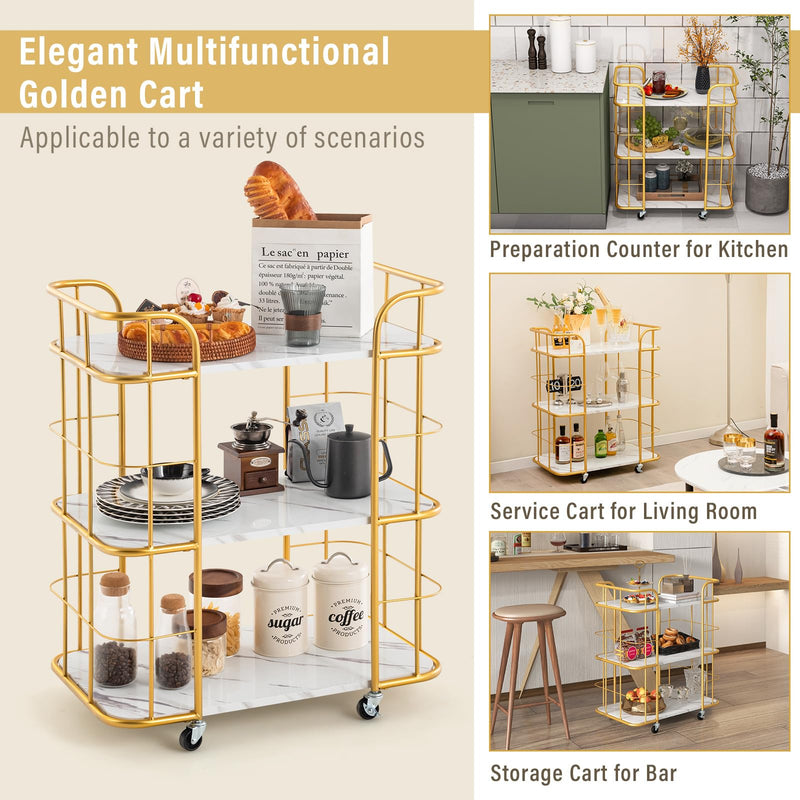 Gold Rolling Bar Cart 3-Tier Kitchen Utility Cart