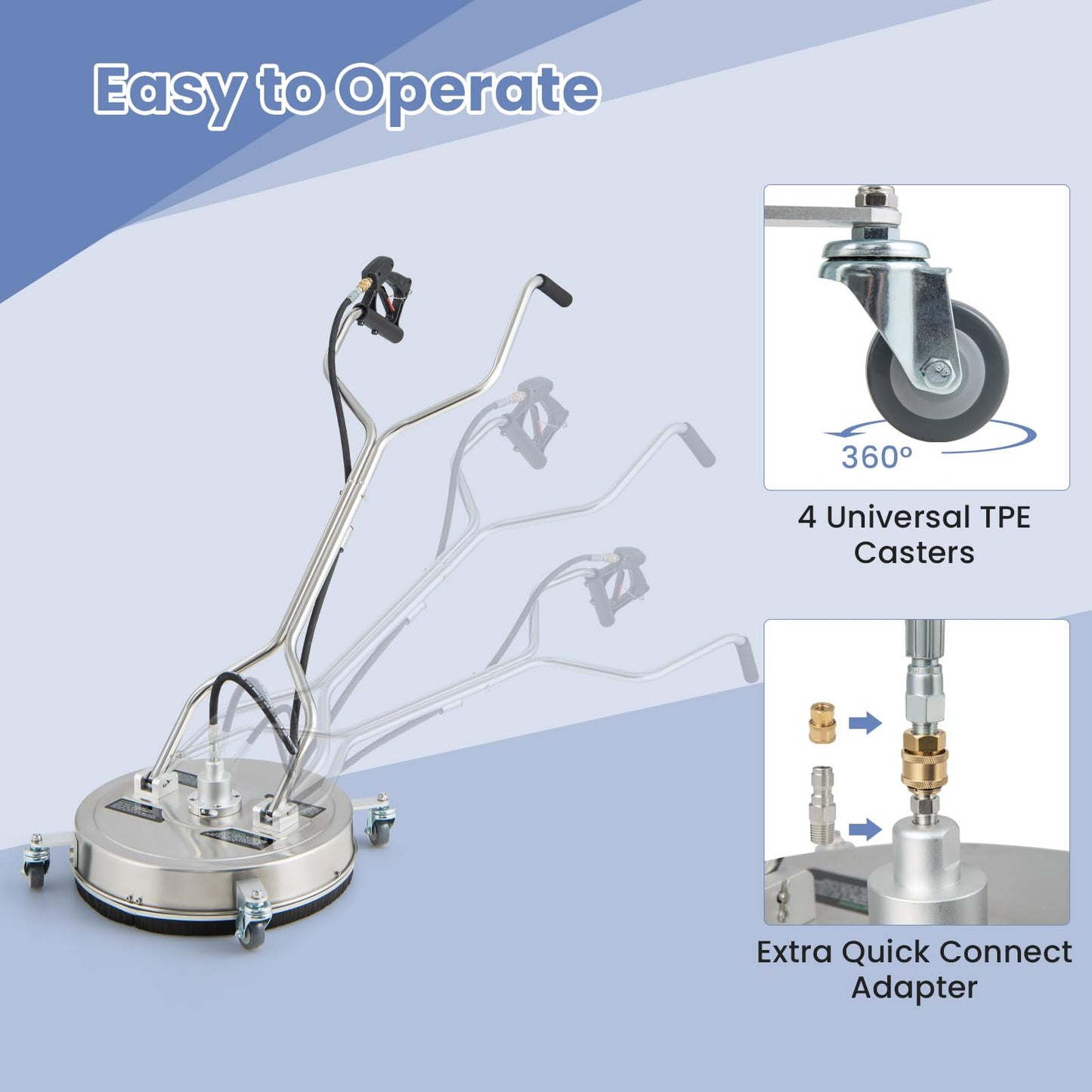 20" Pressure Washer Surface Cleaner with 4 Wheels, Dual Handle, Stainless Steel Housing