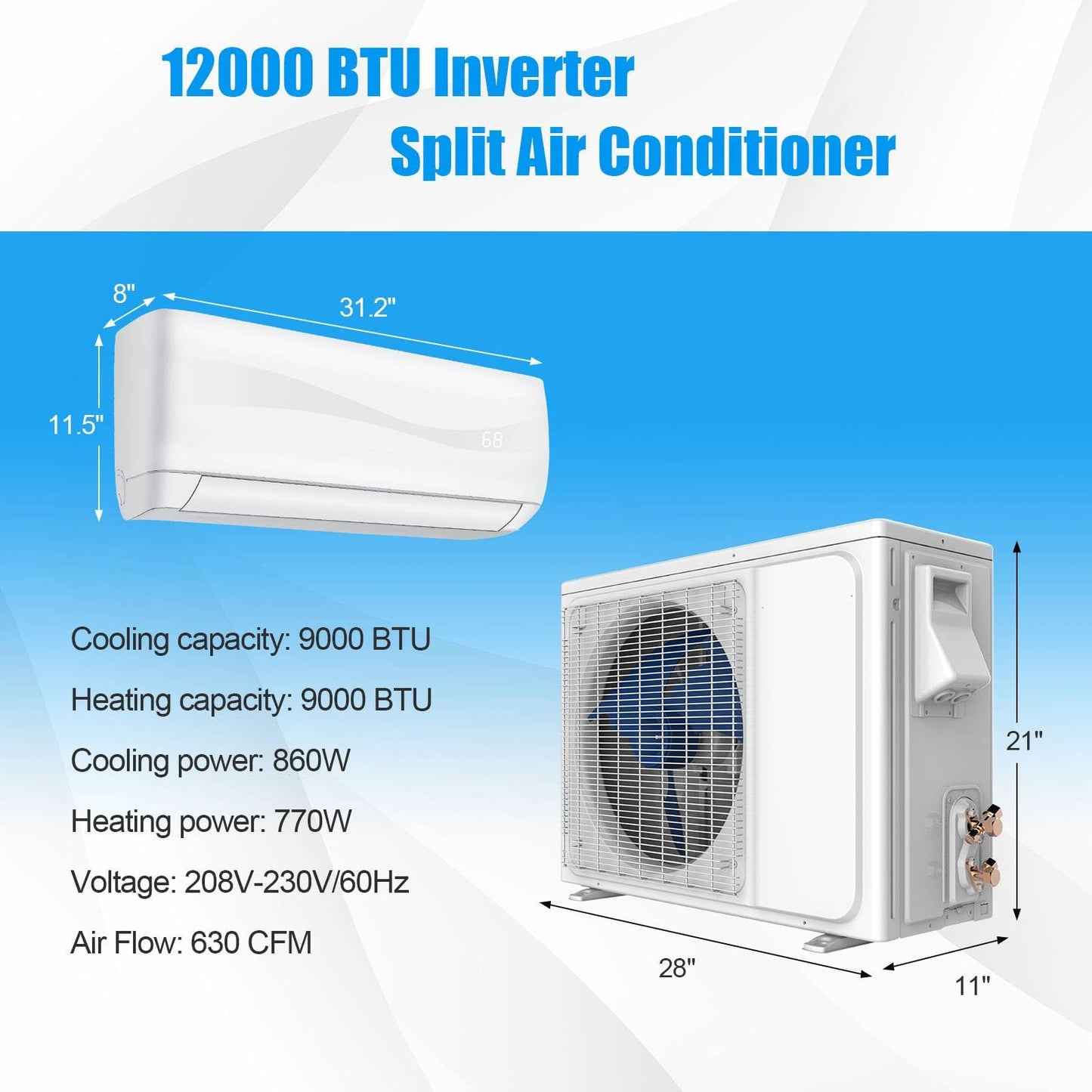 9000 BTU Mini Split Air Conditioner & Heater, 17 SEER2 208V-230V - Arlime
