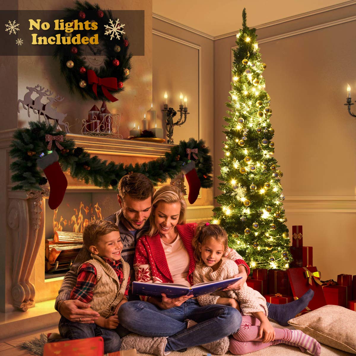 8FT Pencil Christmas Tree Slim Skinny Hinged Pine Tree with PVC Material