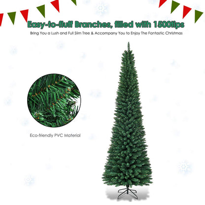 9FT Pencil Christmas Tree Slim Skinny Hinged Pine Tree with PVC Material