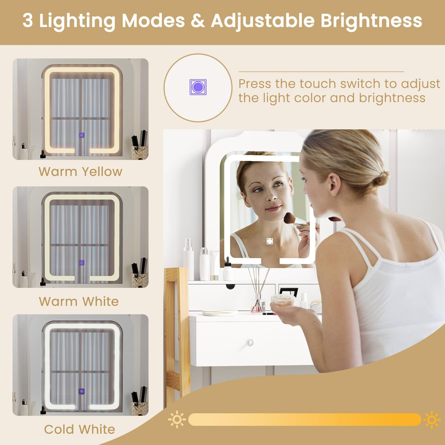 Vanity Desk with Mirror and Lights for Teens