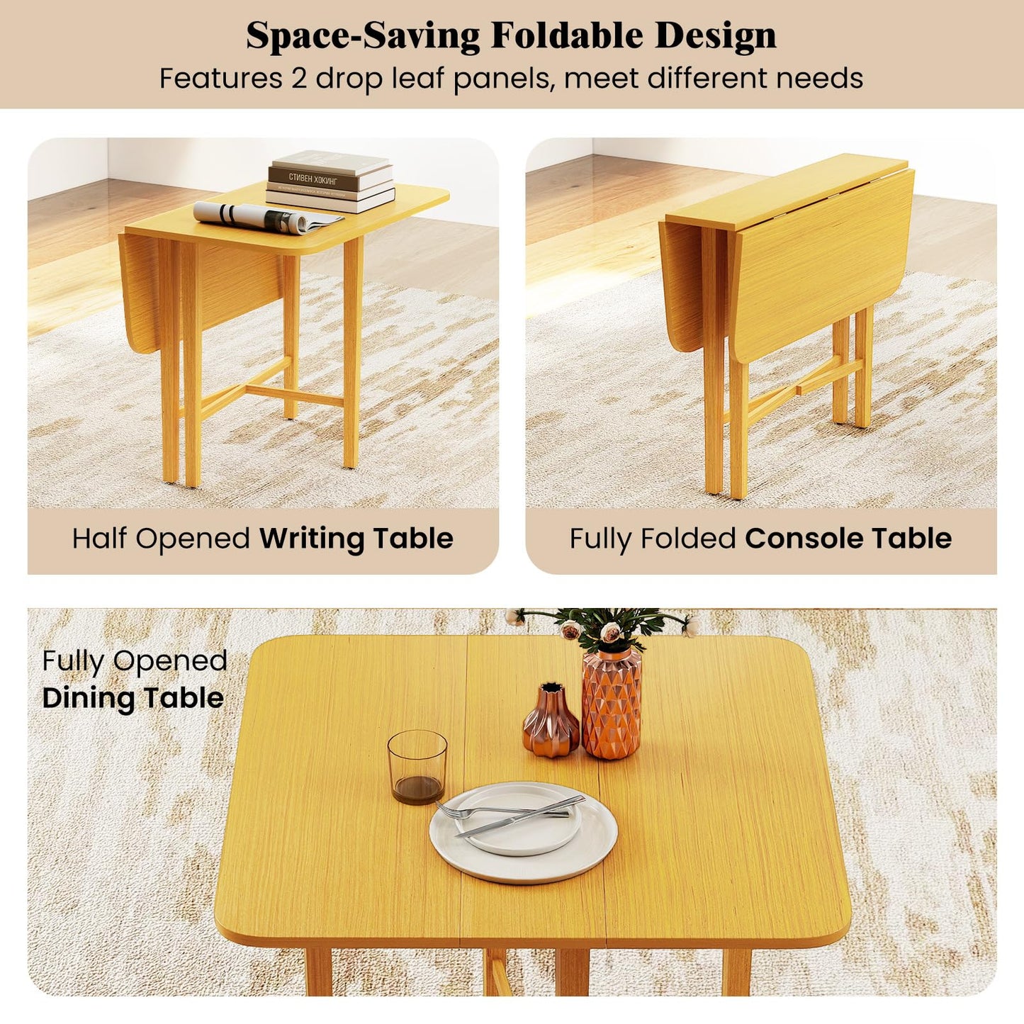 36" Compact Folding Kitchen Table for 2-4 People with Solid Rubber Wood Legs