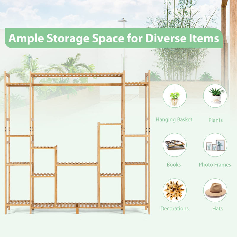 Bamboo Plant Stand with Hanging Rack & Anti-Dumping Device 2-In-1 High-Low Plant Holder Shelf