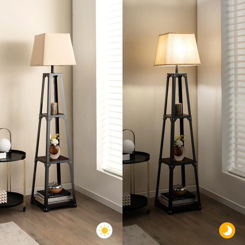 ARLIME Shelf Floor Lamp, Modern Wood Square Standing Lamp with 3 Tiers Shelves and Linen Shade
