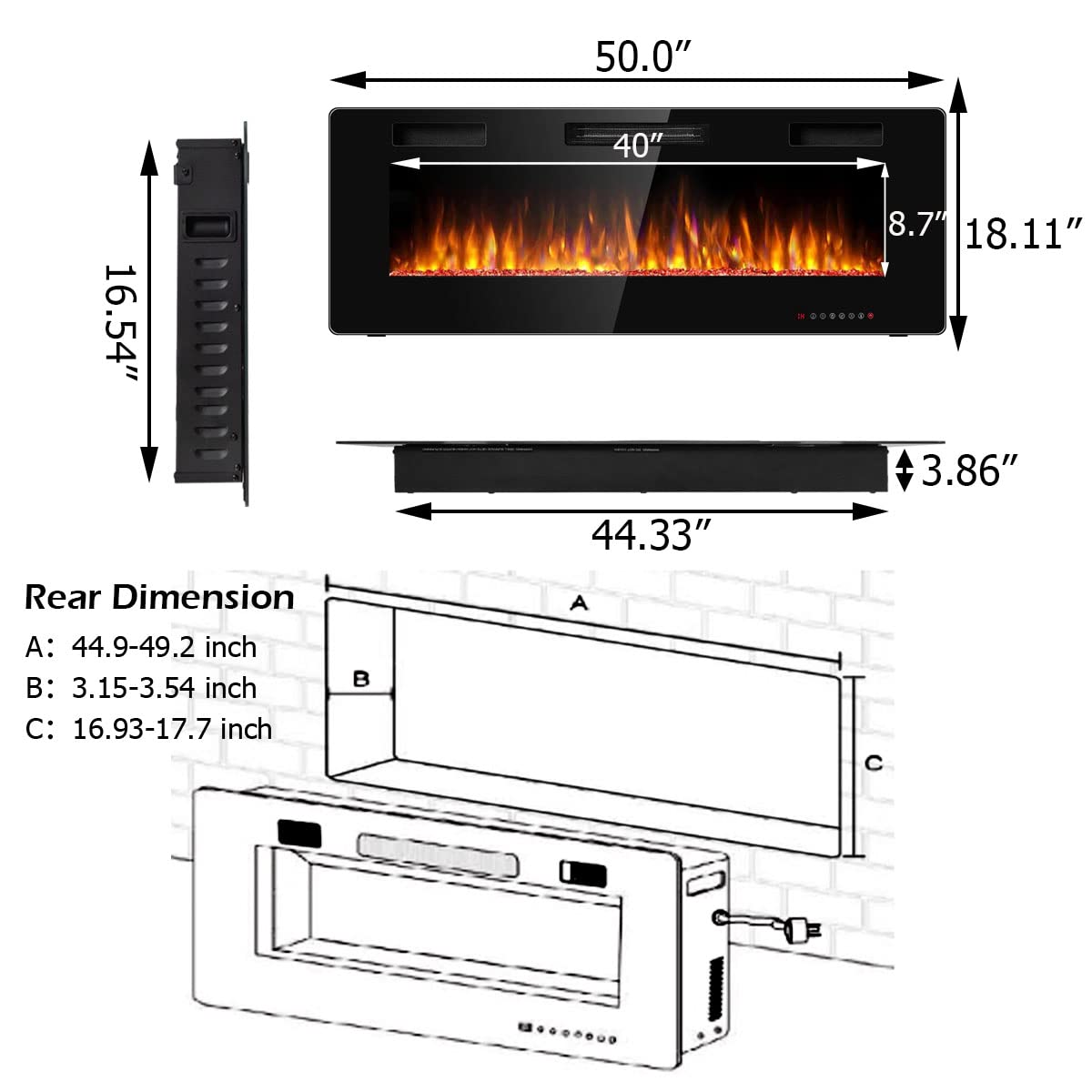 50 Inches Recessed Electric Fireplace, in-Wall & Wall Mounted Electric Heater