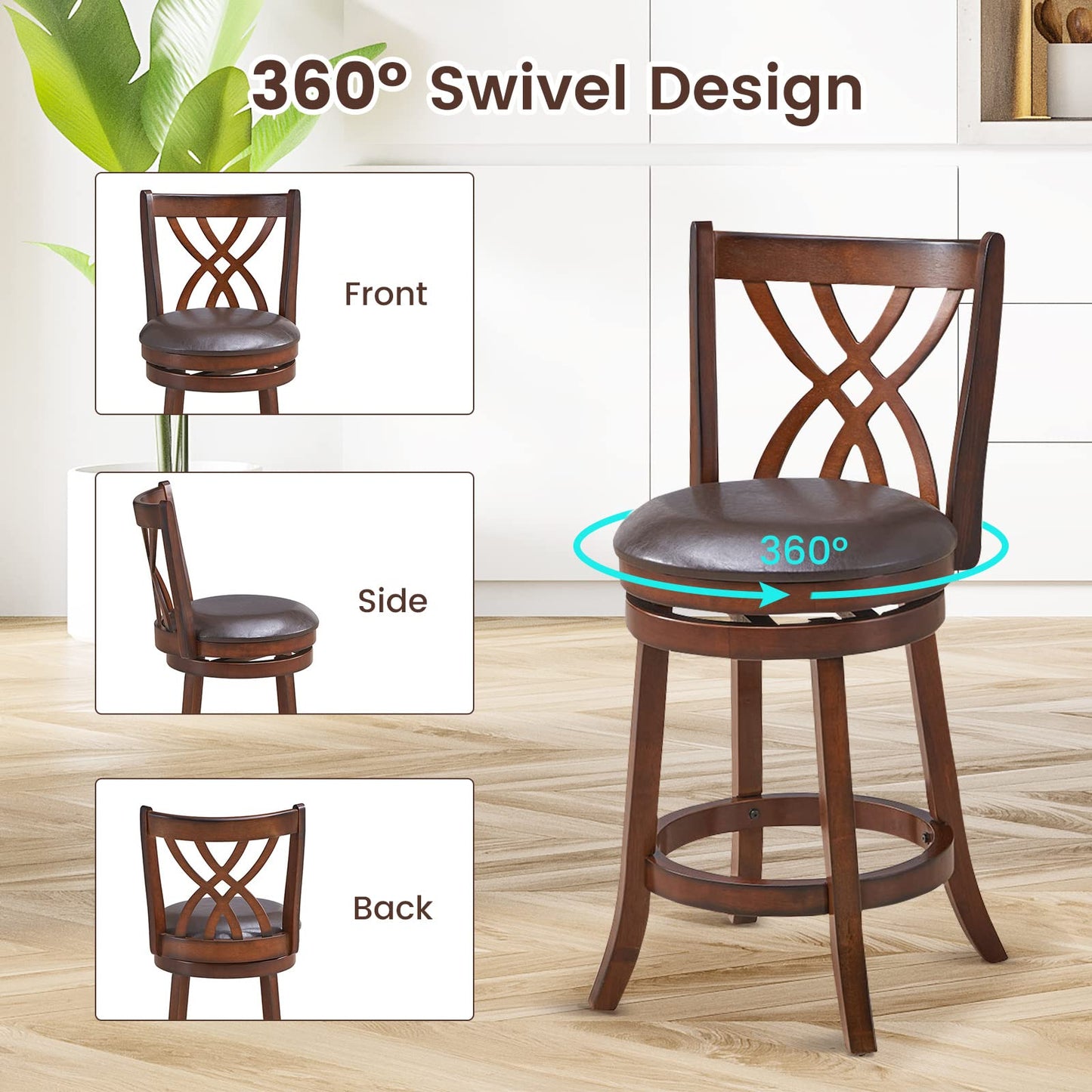 360° Swivel Chairs Bar Stools with Rubber Wood Frame PU Leather Cushioned Seat and Footrests