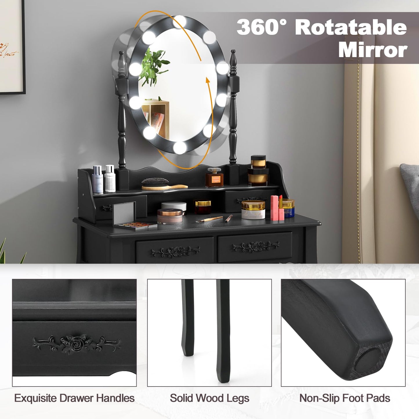 Vanity Desk with Lights 2-in-1 Makeup Table with 3 Modes Adjustable Lighted LED Mirror & Cushioned Stool