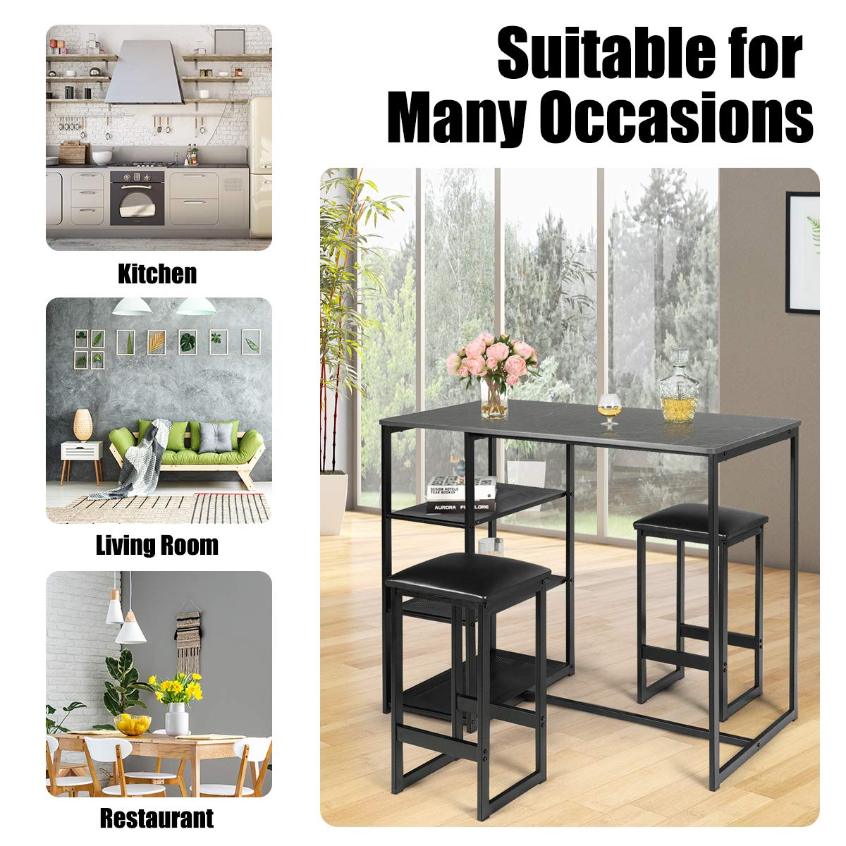 3 Piece Dining Set with Rectangular Faux Marble