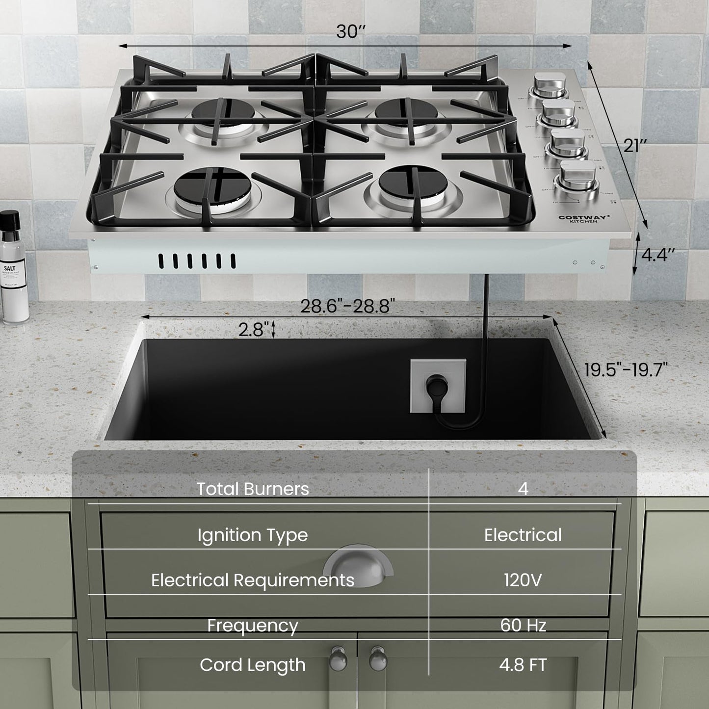 30-inch Gas Cooktop, Stainless Steel Gas Stove Top with 4 Burners, ABS Knobs and Cast Iron Grates