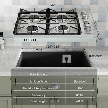 30-inch Gas Cooktop, Stainless Steel Gas Stove Top with 4 Burners, ABS Knobs and Cast Iron Grates