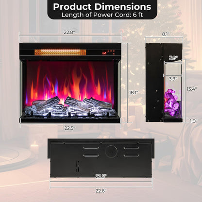 23 Inch 3-Sided Electric Fireplace 1500W Recessed Fireplace Insert w/ 7-Color Flame & Adjustable Brightness