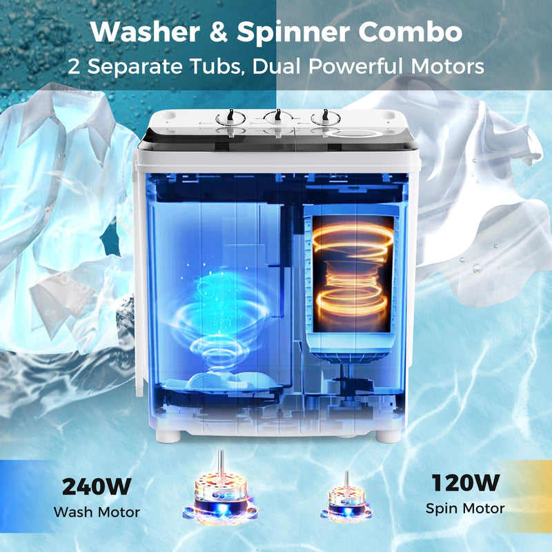 Portable Washing Machine, 17.6lbs Compact Portable Washer Twin Tub Combo with Pump Drain (Black & White)