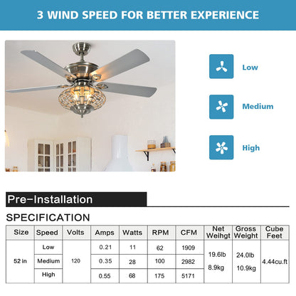 52Inch Ceiling Fan Light, Ceiling Fan with Light and Remote Control, Reversible Fan Blades