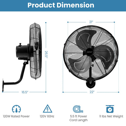 Wall Mount Fan 21 Inches Heavy Duty Metal Wall Fan with 3 Speeds