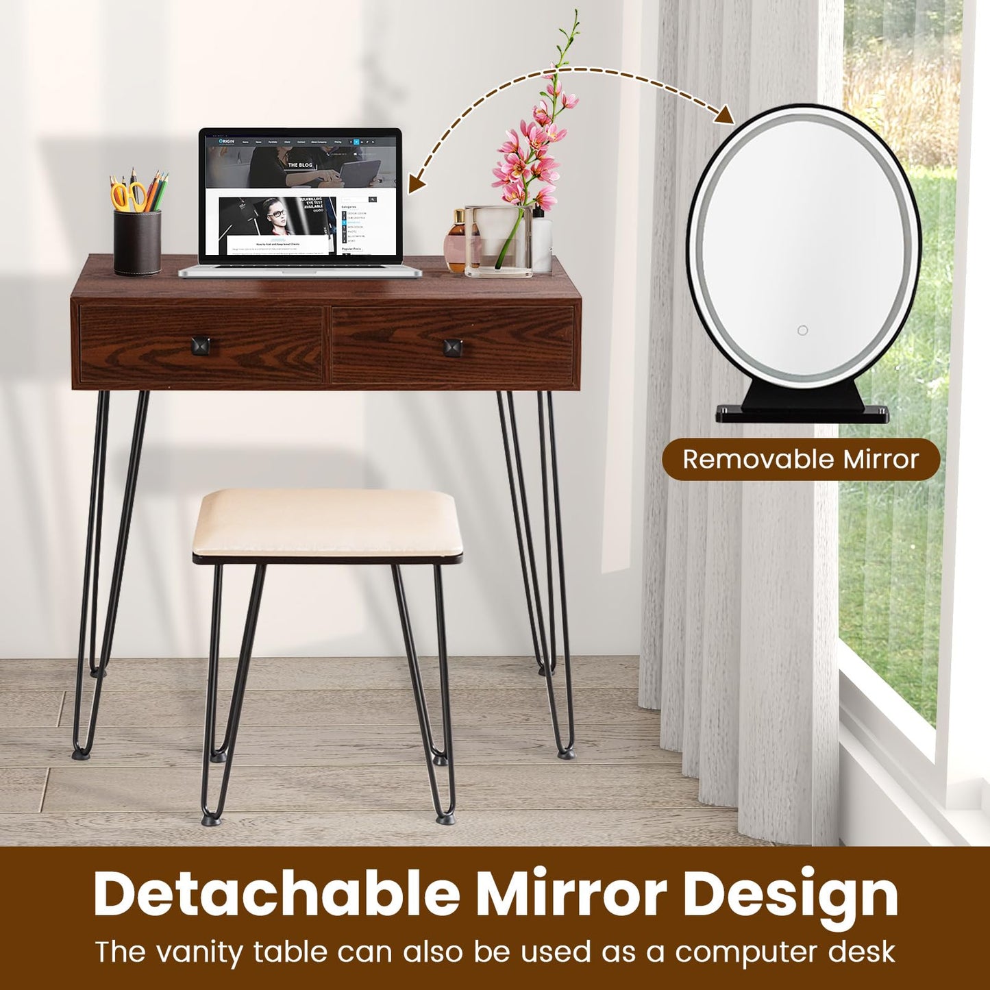 Makeup Dressing Table Set w/ 3 Color Lighting Modes & Adjustable Brightness