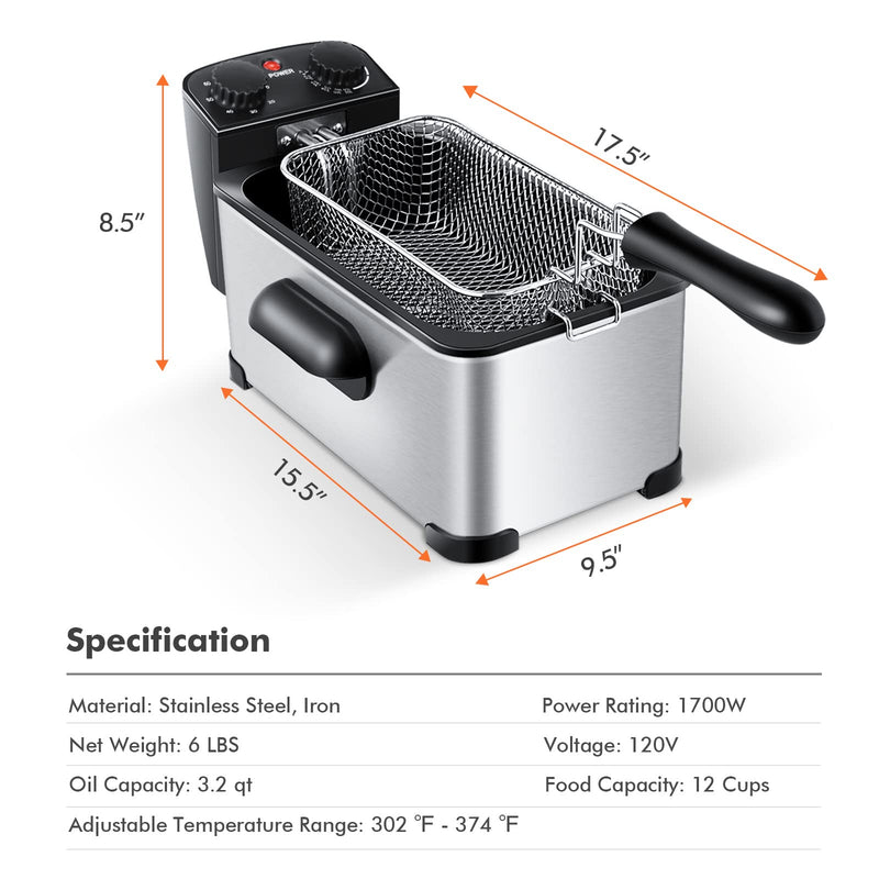 Deep Fryer with Basket, 3.2Qt Stainless Steel Electric Oil Fryer w/Adjustable Temperature, Timer