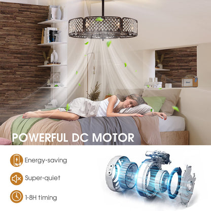 Caged Ceiling Fan with Light, 30 Inch Crystal Ceiling Fan with 6 Light Bases, 3 Fan Blades & Remote Control