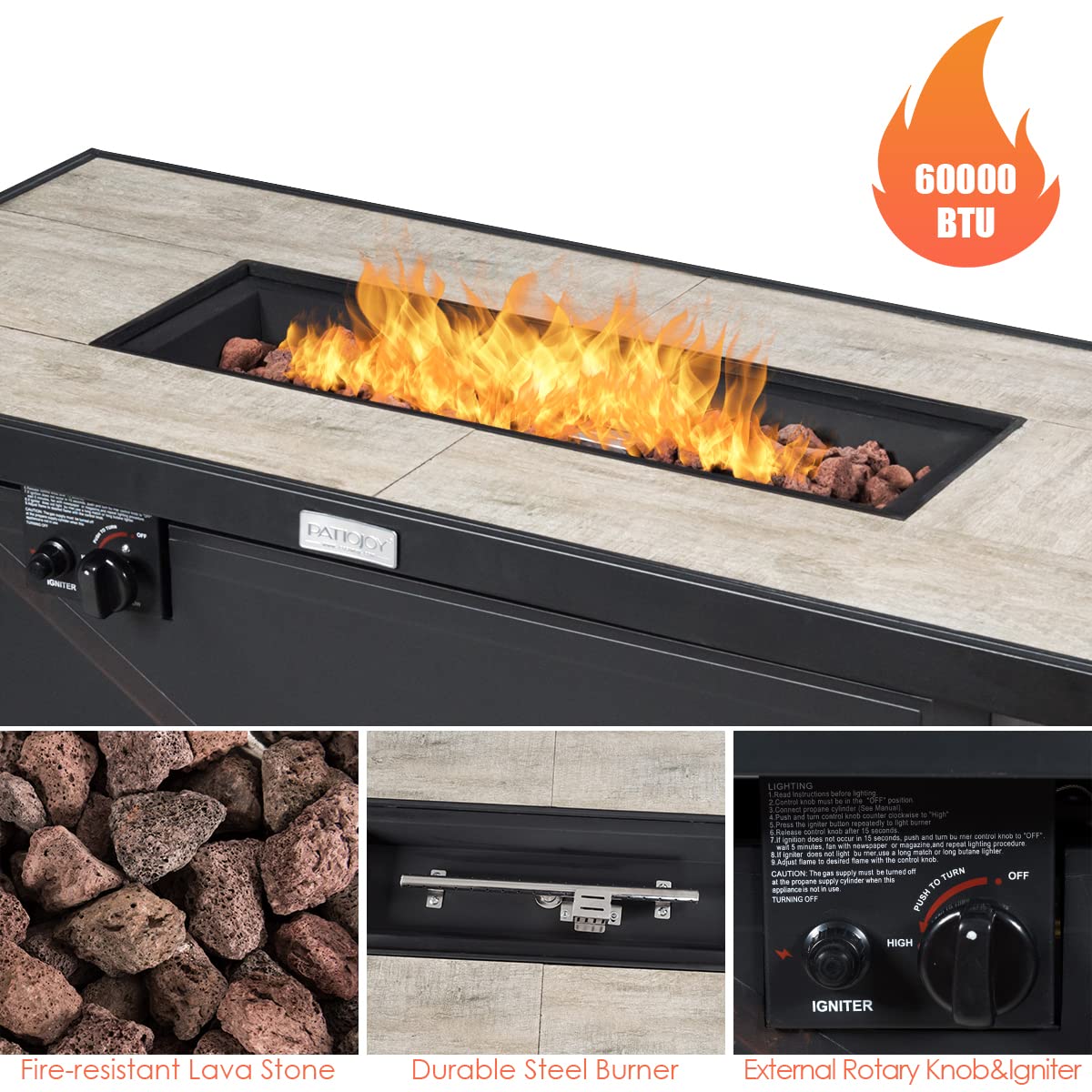 60,000 BTU Outdoor Rectangle Gas Fire Table W/Ceramic Tabletop