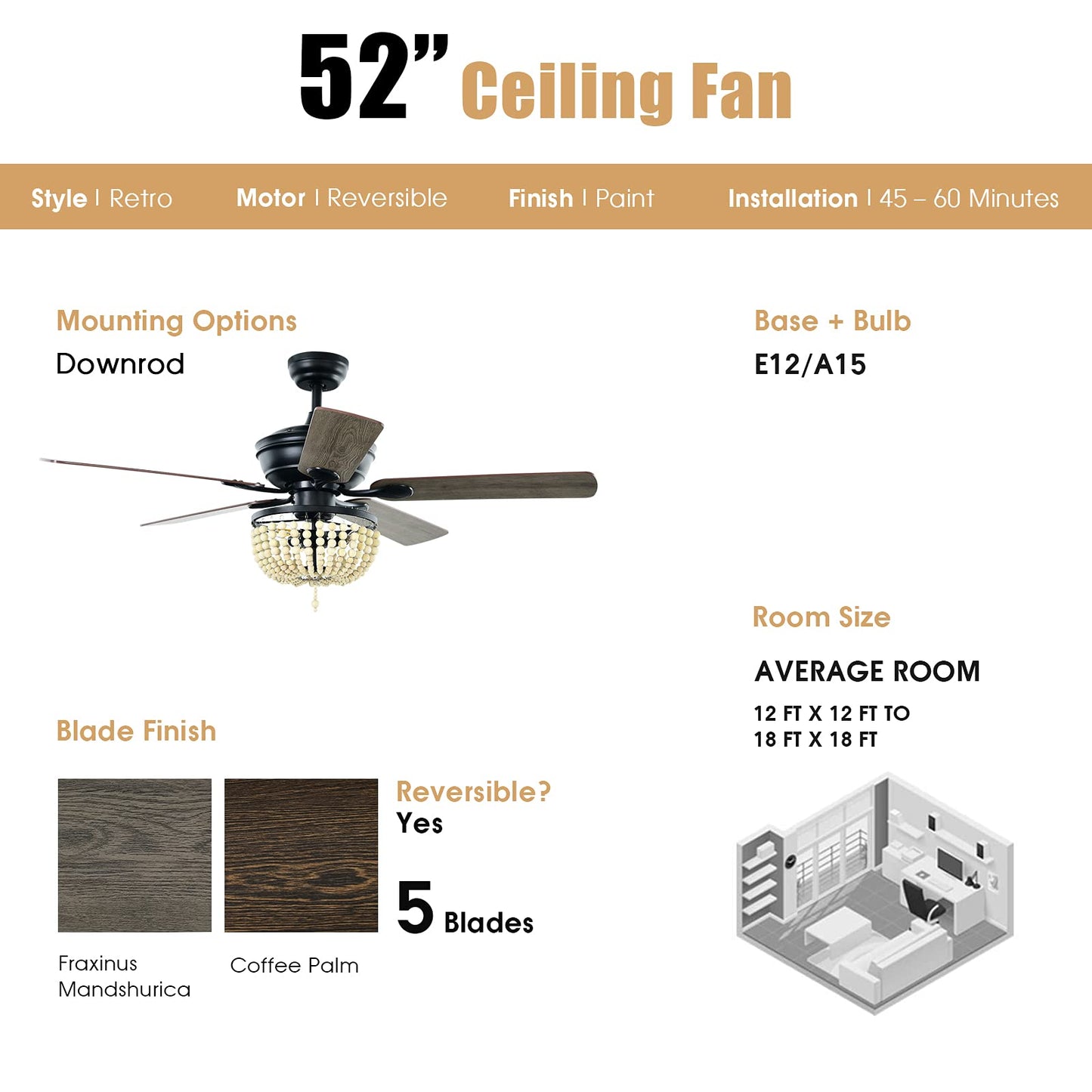 52" Ceiling Fan with Lights and Remote Control, Retro Lighting Ceiling Fan with 5 Blades