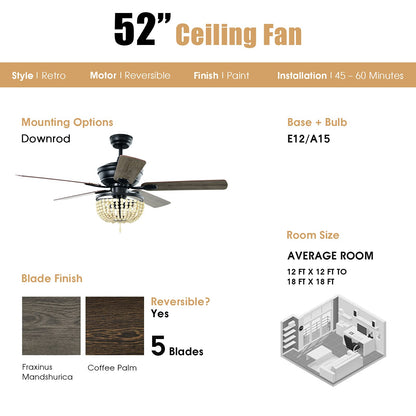 52" Ceiling Fan with Lights and Remote Control, Retro Lighting Ceiling Fan with 5 Blades