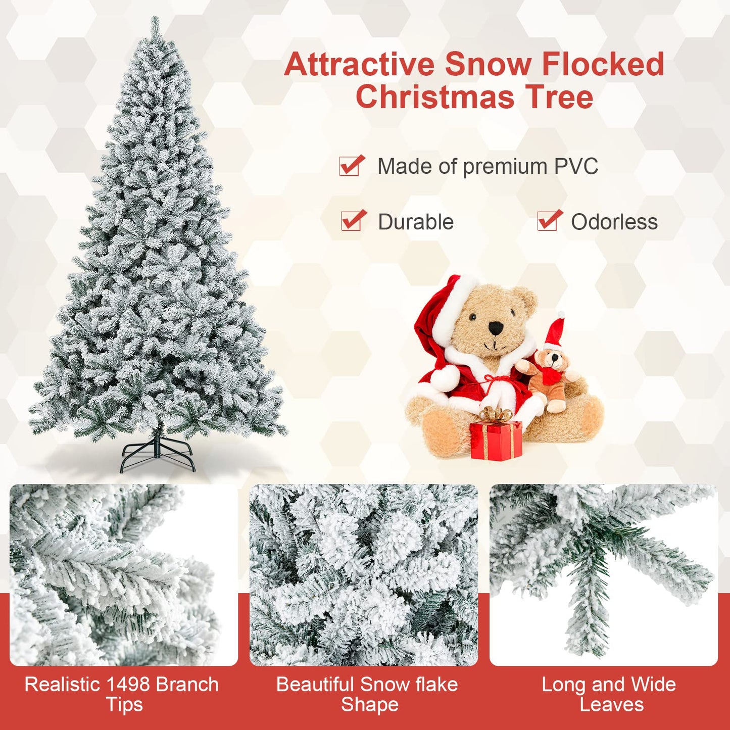 9 FT Snow Flocked Christmas Tree Artificial Holiday Hinged Pine Tree with 1498 Branch Tips