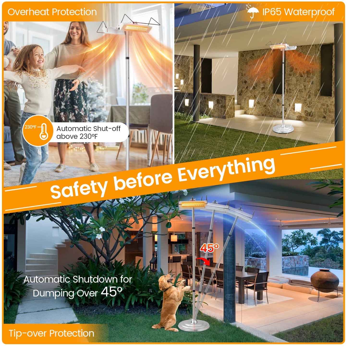 Outdoor Electric Patio Heater, 1500W Standing Infrared Heater with Double-sided Heating