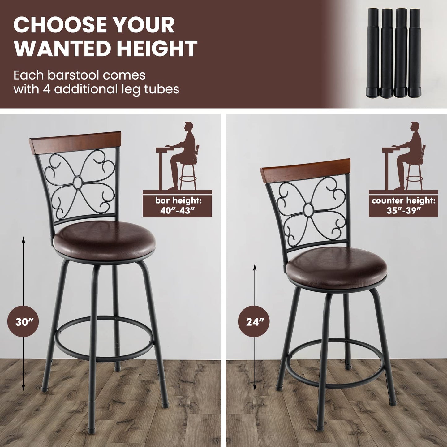 Bar Stools for Kitchen Island 24-30 Inch Seat Height Barstools Set of 2/4