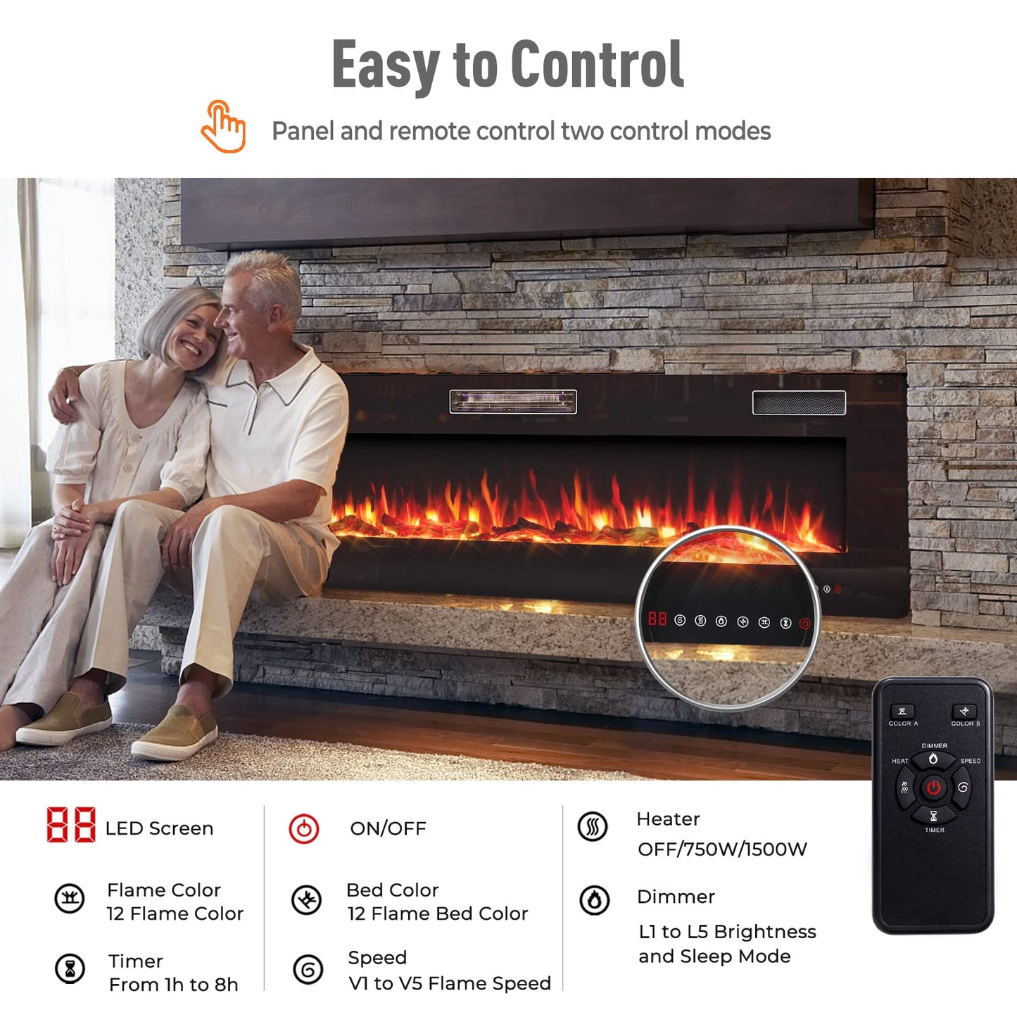 68 Inches Recessed Electric Fireplace, in-Wall & Wall Mounted Electric Heater with Adjustable Flame Color & Speed