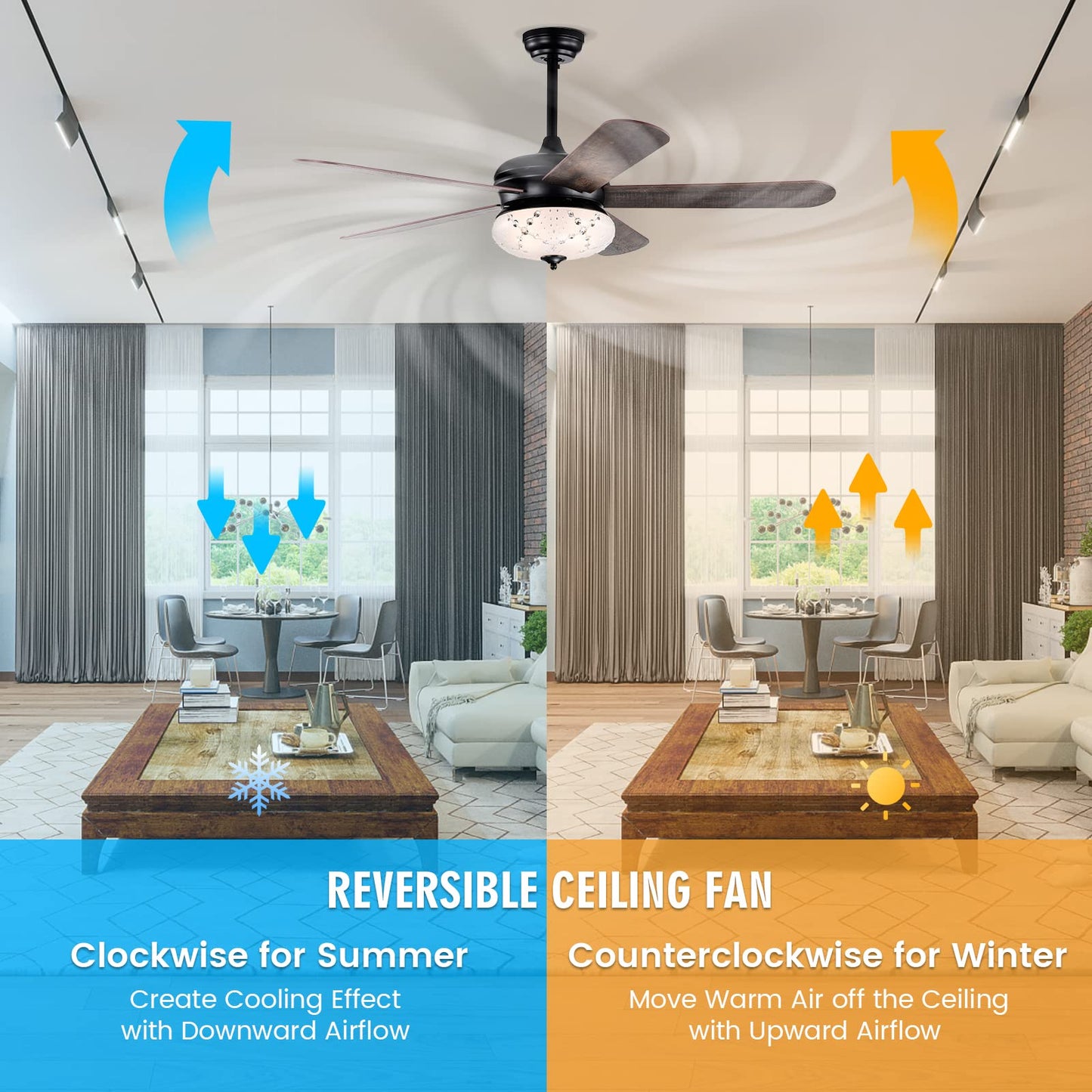 52 Inches Ceiling Fan with Remote Control, Indoor Ceiling Fan with 2 Downrods