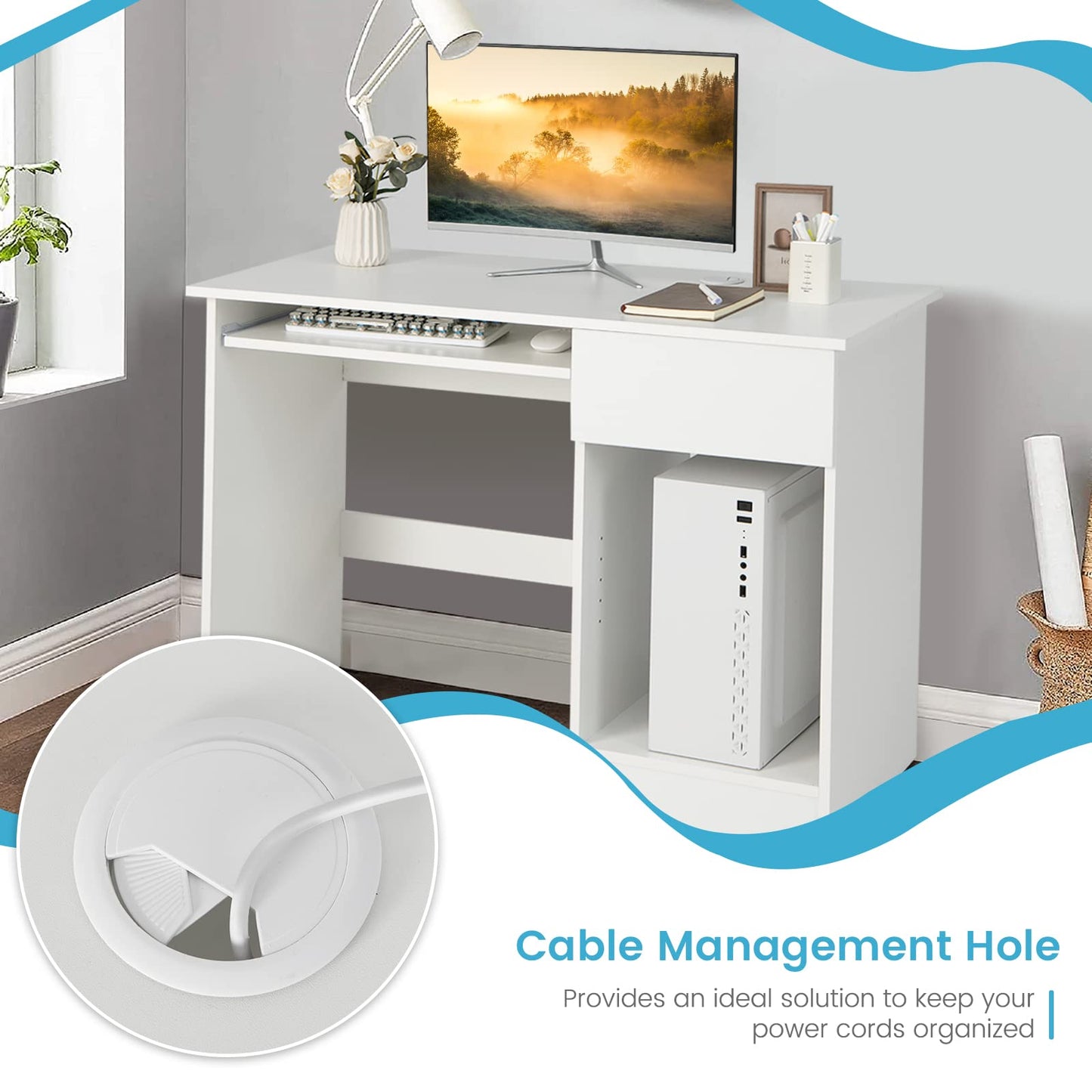 Computer Desk with Keyboard Tray Large Drawer Home Office Desk with Adjustable Shelf & Cable Hole