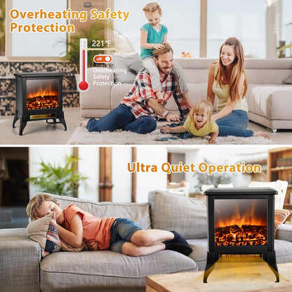 Electric Fireplace Heater Freestanding, 1400W Compact Fireplace Stove w/Realistic Flame Effect