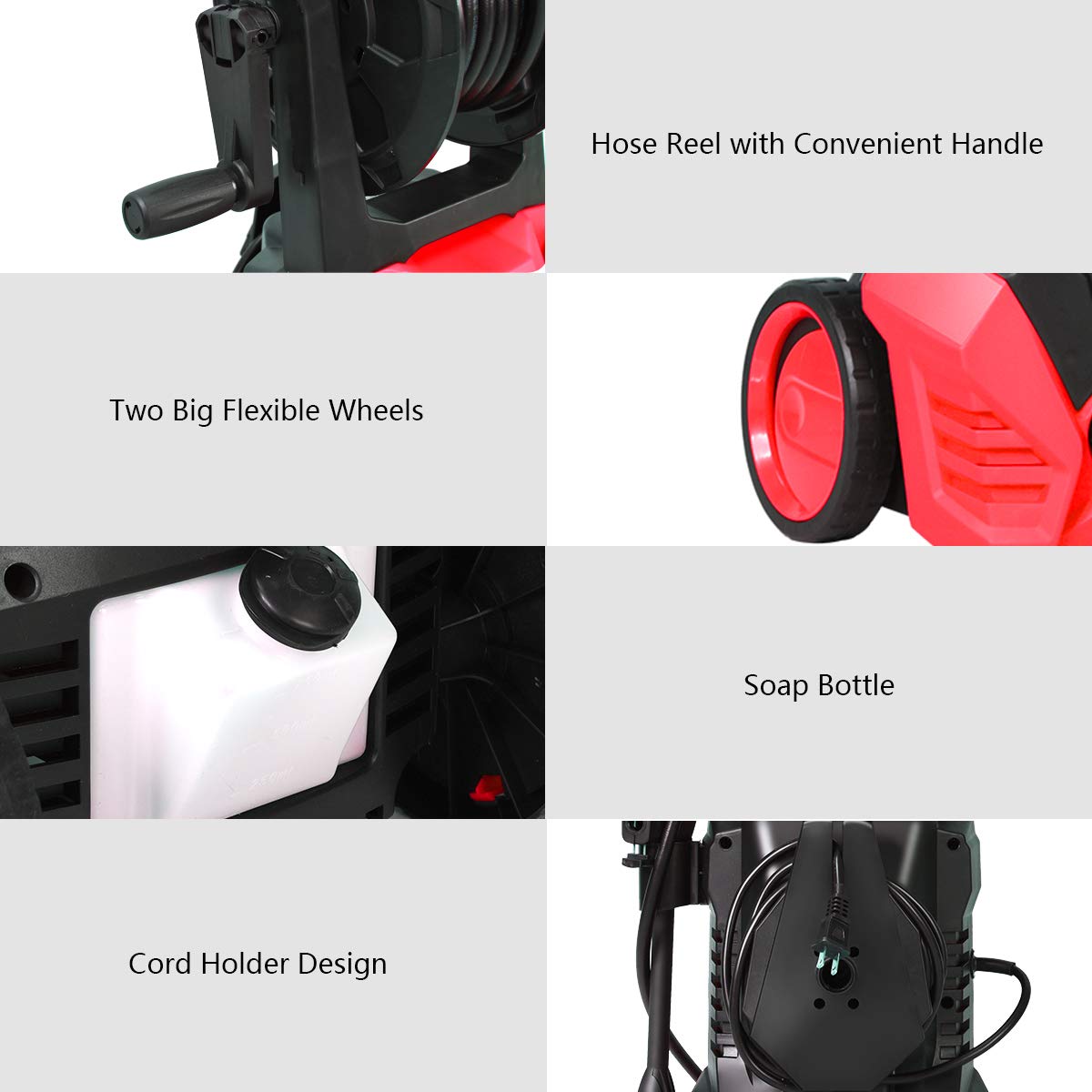 3000PSI Electric Pressure Washer, Portable High Power Washer w/ 5 Nozzles, Hose Reel, Soap Bottle, 2 GPM 2000W (Red)
