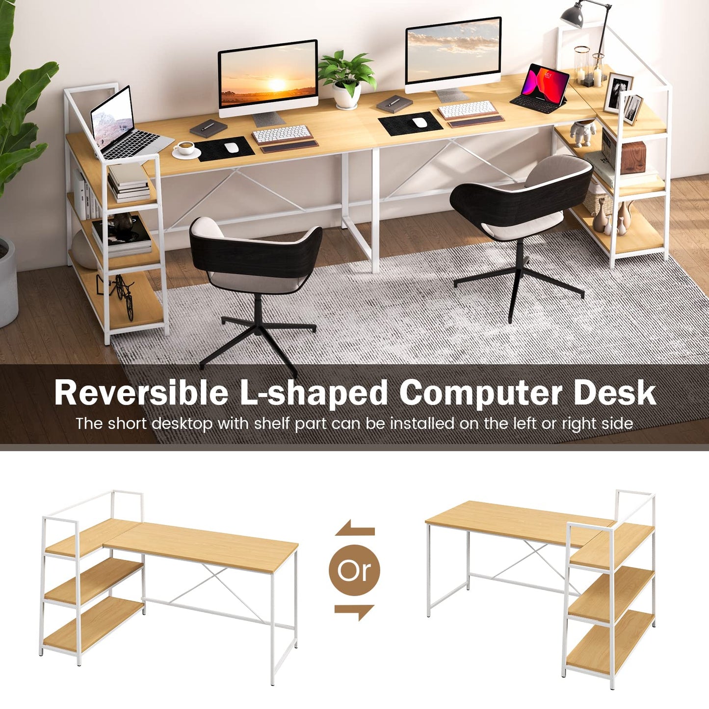 59 Inch L-Shaped Computer Desk with Open Storage Shelves