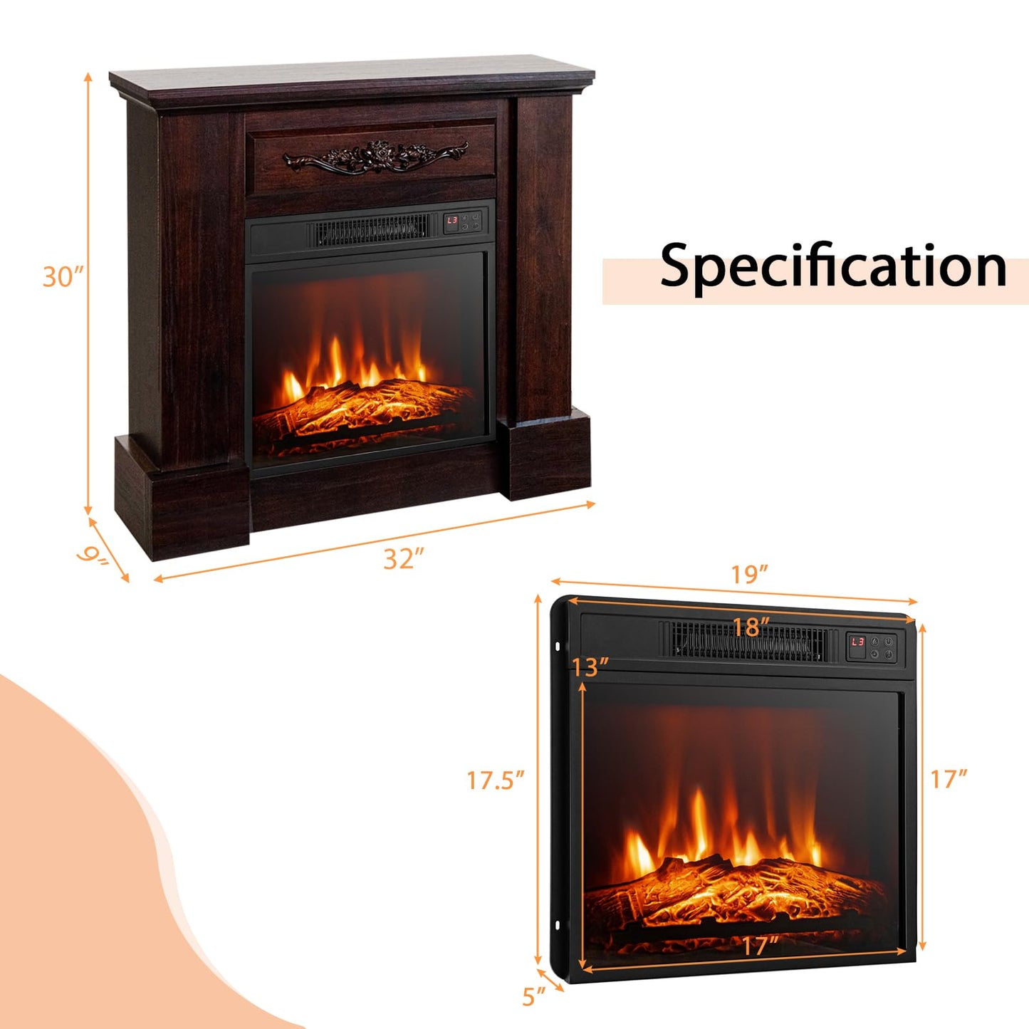 32-inch Electric Fireplace with Mantel, 1400W Freestanding Fireplace Heater with Remote Control