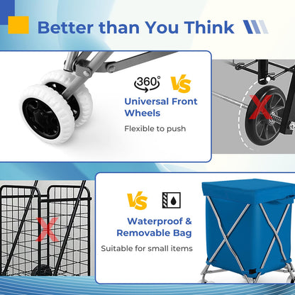 Folding Shopping Cart Portable Grocery Cart on Wheels with Removable Waterproof Oxford Cloth Liner