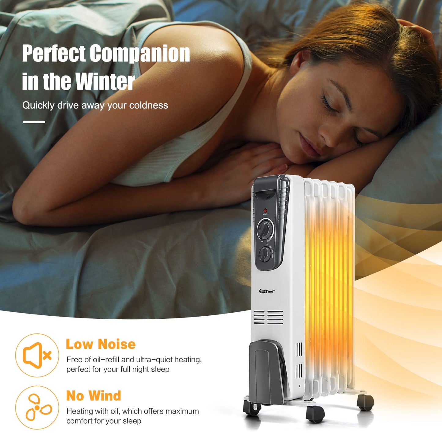 Oil Filled Radiator Heater, 1500W Portable Space Heater with Adjustable Thermostat, 3 Heat Setting