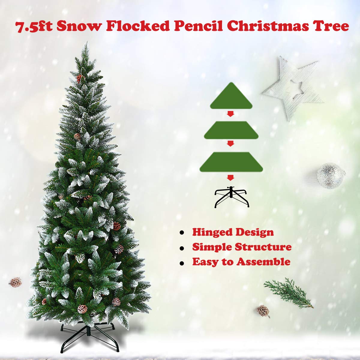 7.5FT Artificial Snow Flocked Pencil Christmas Tree Slim X-mas Tree with 720 Branch Tips