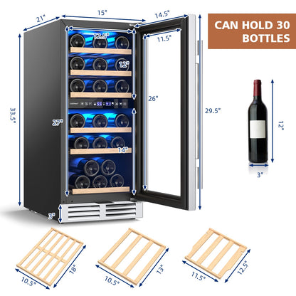 30-Bottle Freestanding Wine Cooler with Temp Memory and Dual Zones