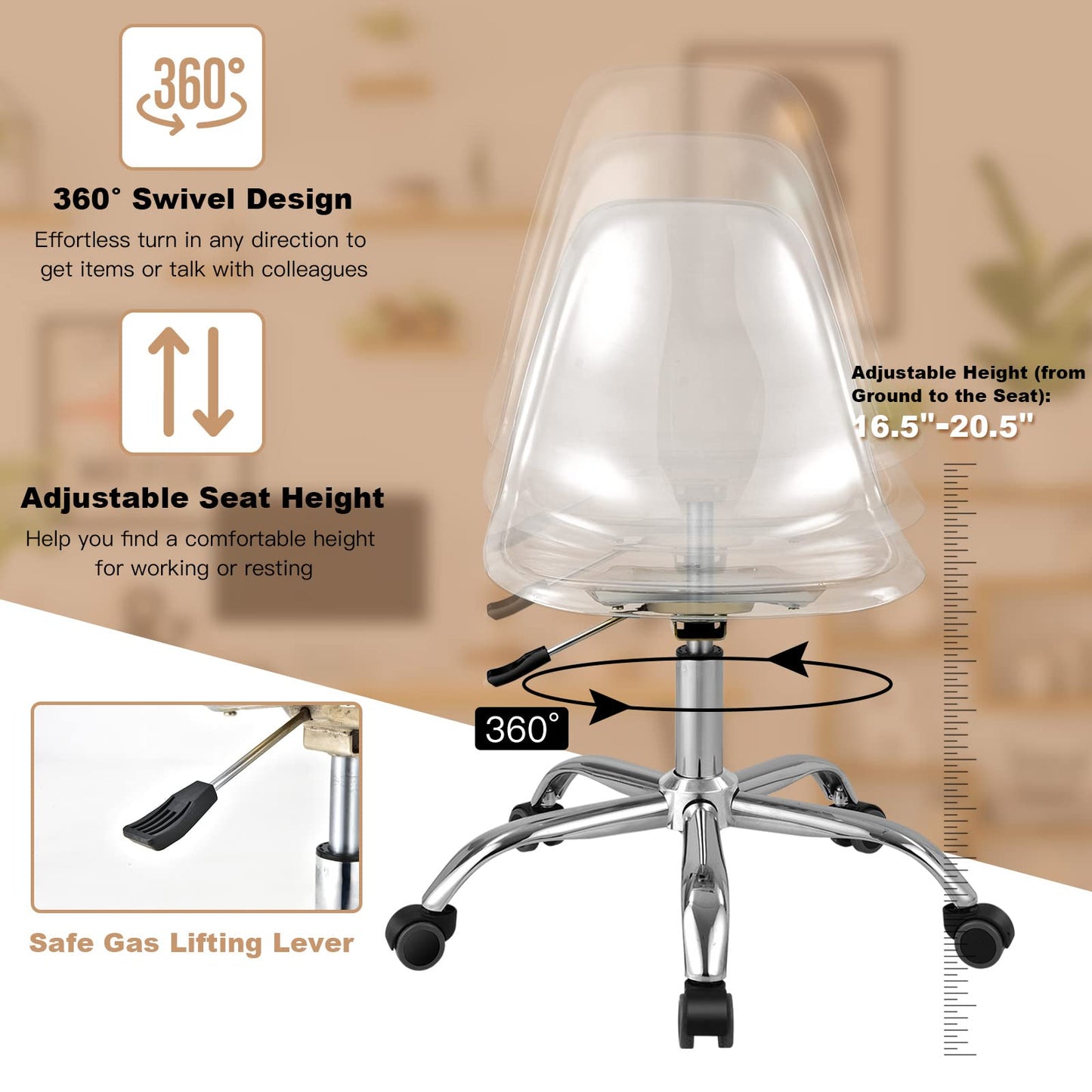 Acrylic Clear Desk Chair Armless Swivel Vanity Ghost Plastic Chair