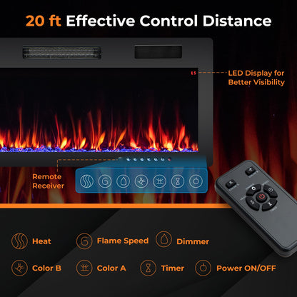 40 Inch Electric Fireplace Recessed and Wall Mounted, 750W/1500W Electric Fireplace Heater with Remote