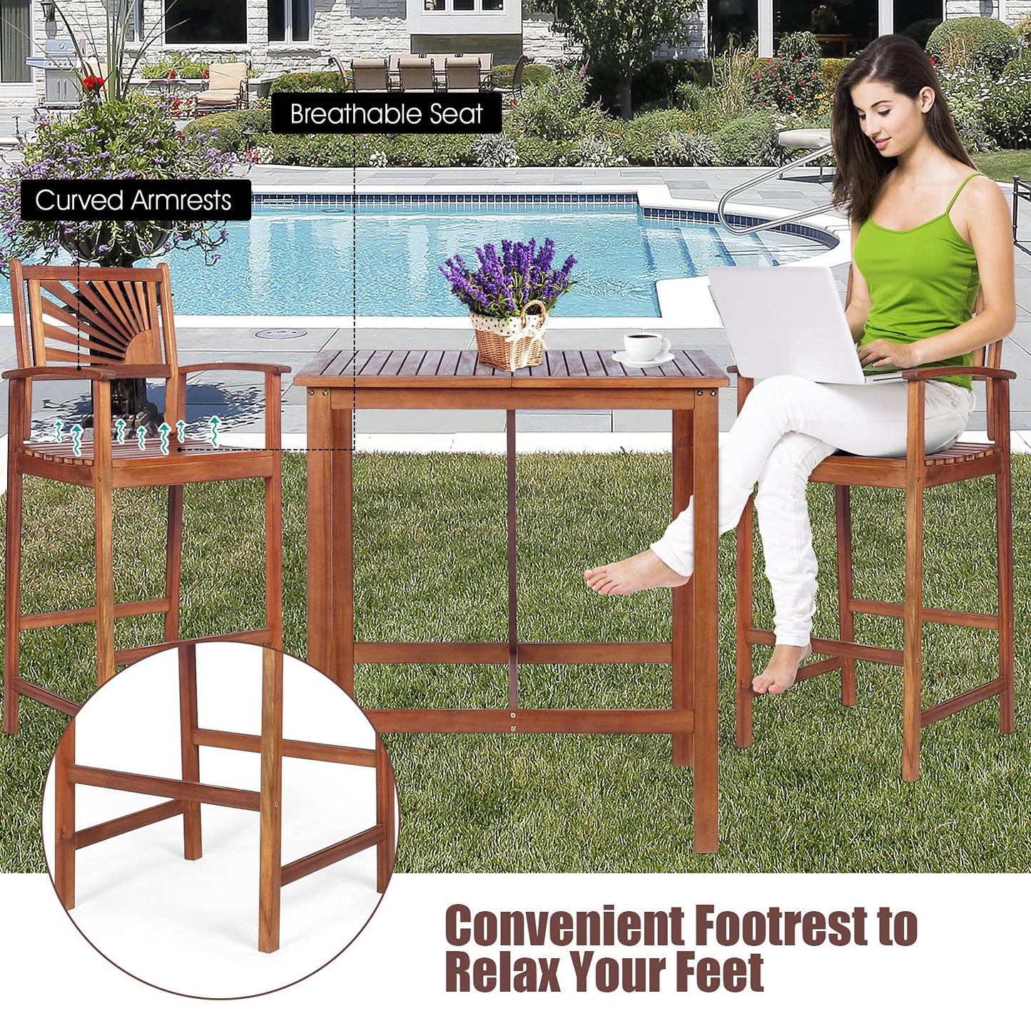 3PCS Bar Table Set Outdoor Acacia Wood Dining Set