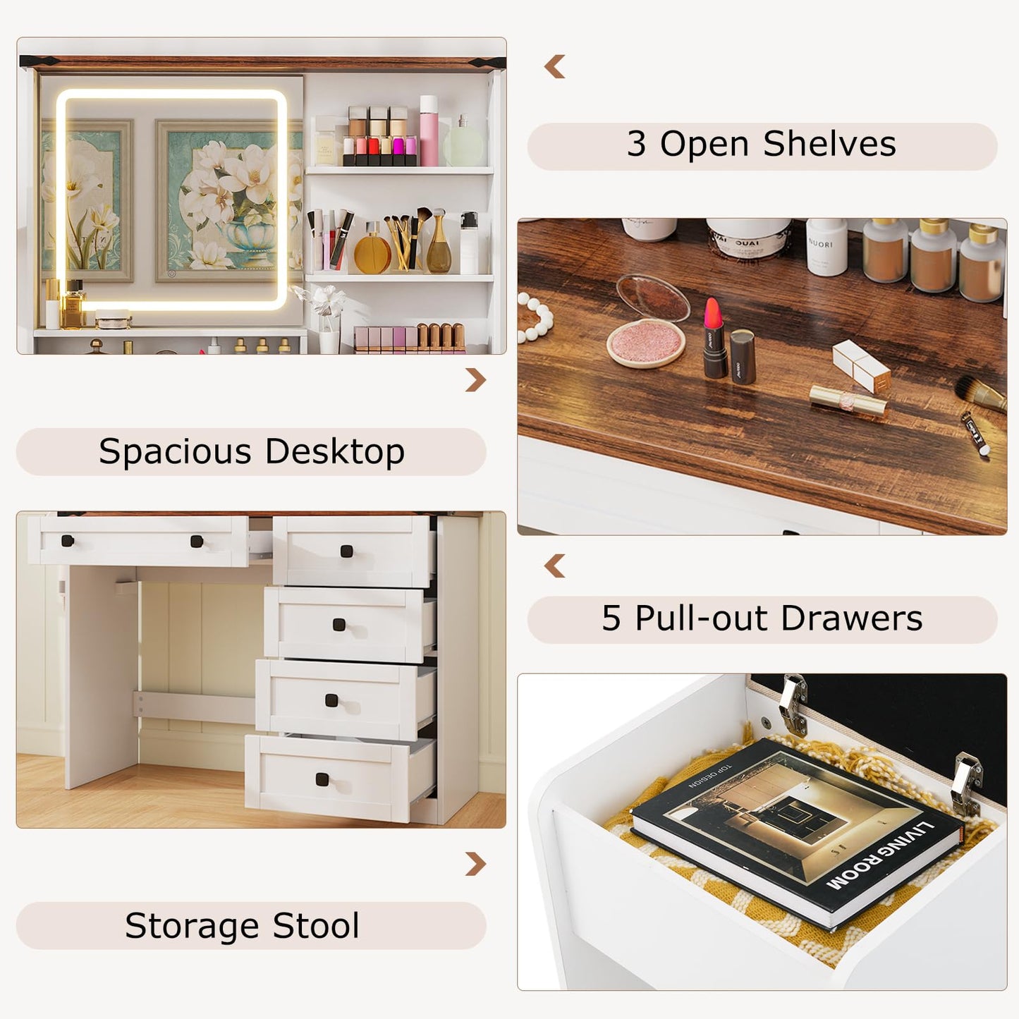 42'' Farmhouse Dressing Table w/Charging Station