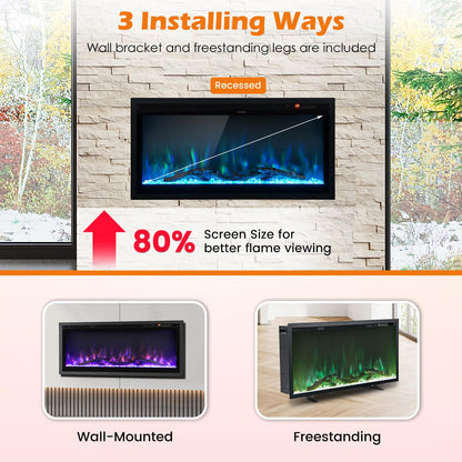 Electric Fireplace 36-Inch Wide, 9 Flame Color, 5-Level Brightness, 8H Timer, Thermostat