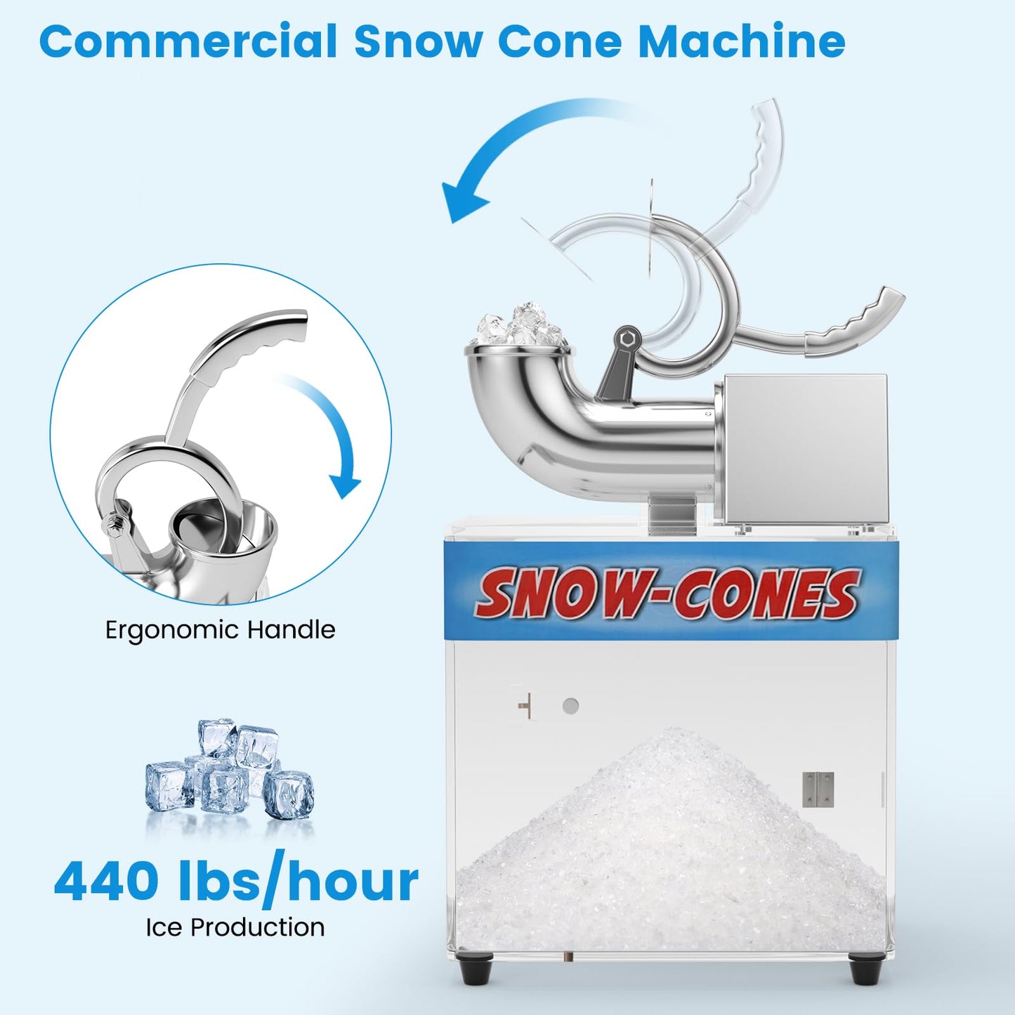 Commercial Shaved Ice Machine, 440 Lbs/H Stainless Steel Ice Crusher with Safety On/Off Switch