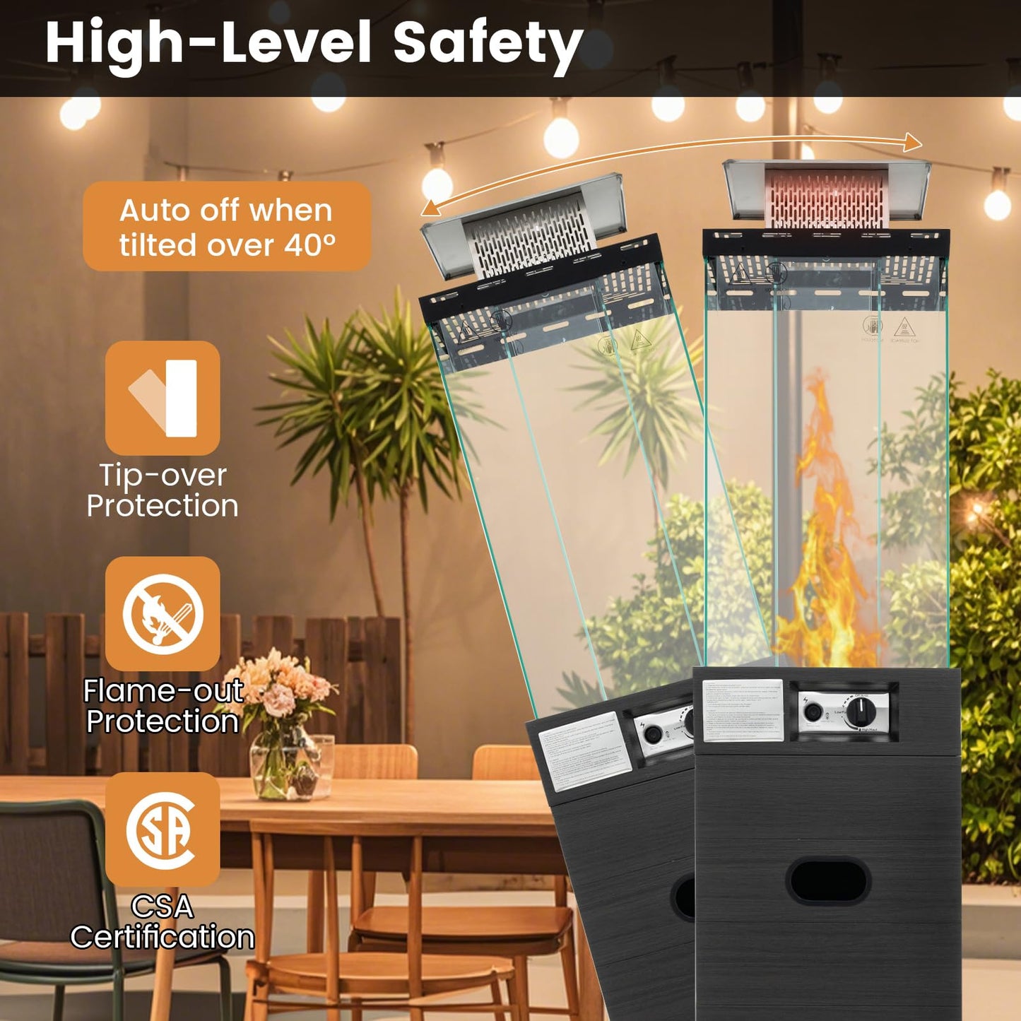 40,000 BTU Square Patio Propane Heater with Tempered Glass Tube