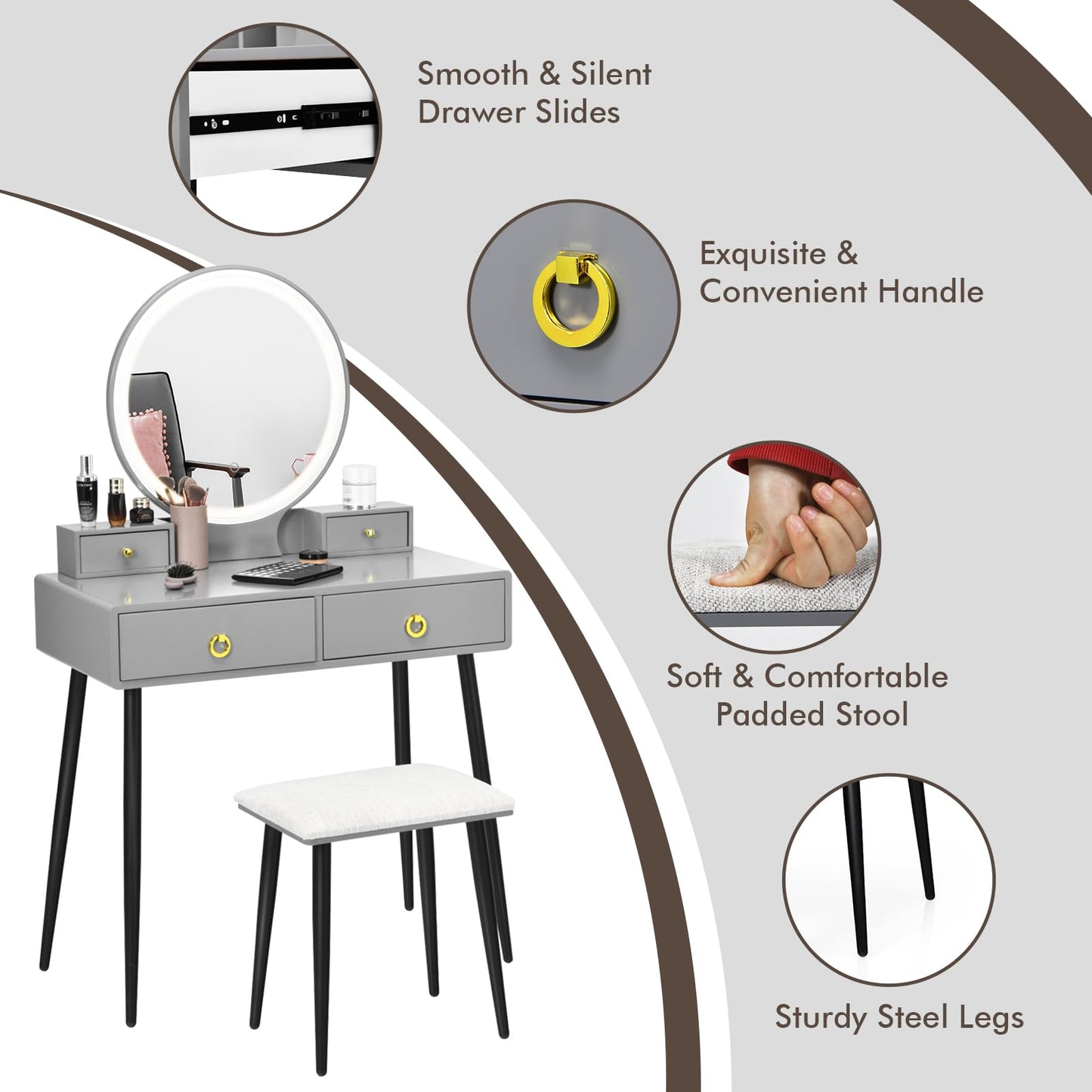 Vanity Table Set with Mirror and Lights w/ 3 Color Lighting Modes & Adjustable Brightness