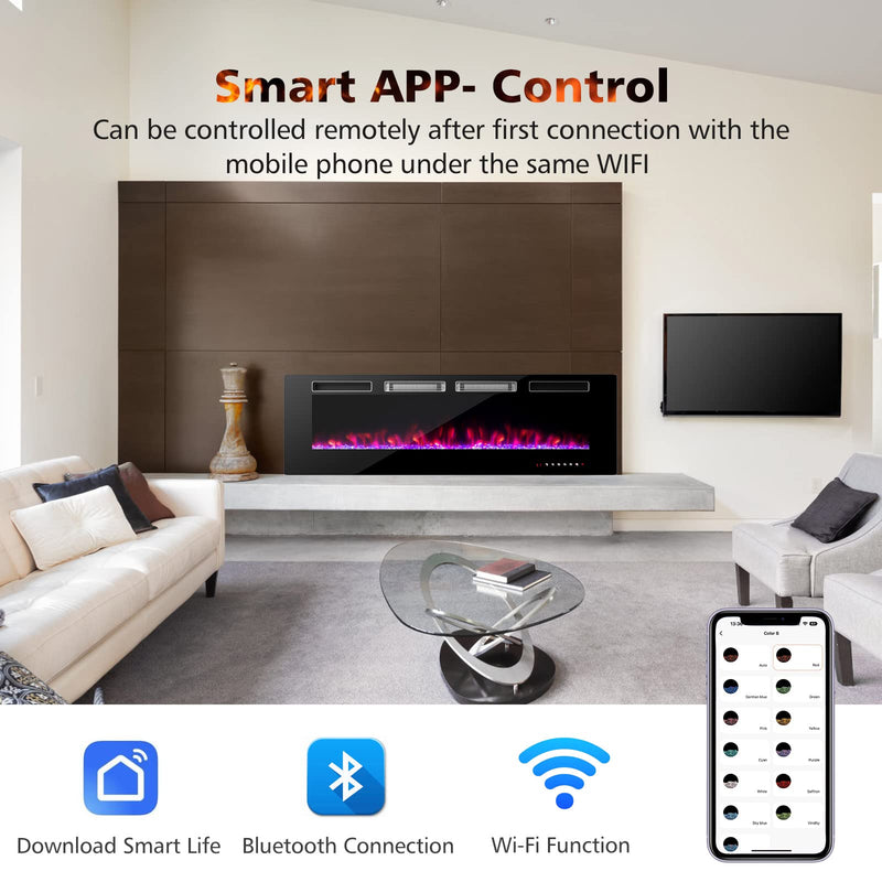 60-Inch Wide Electric Fireplace, 3.19-Inch Deep Ultra-Thin Wall-Mounted and Recessed Fireplace Heater