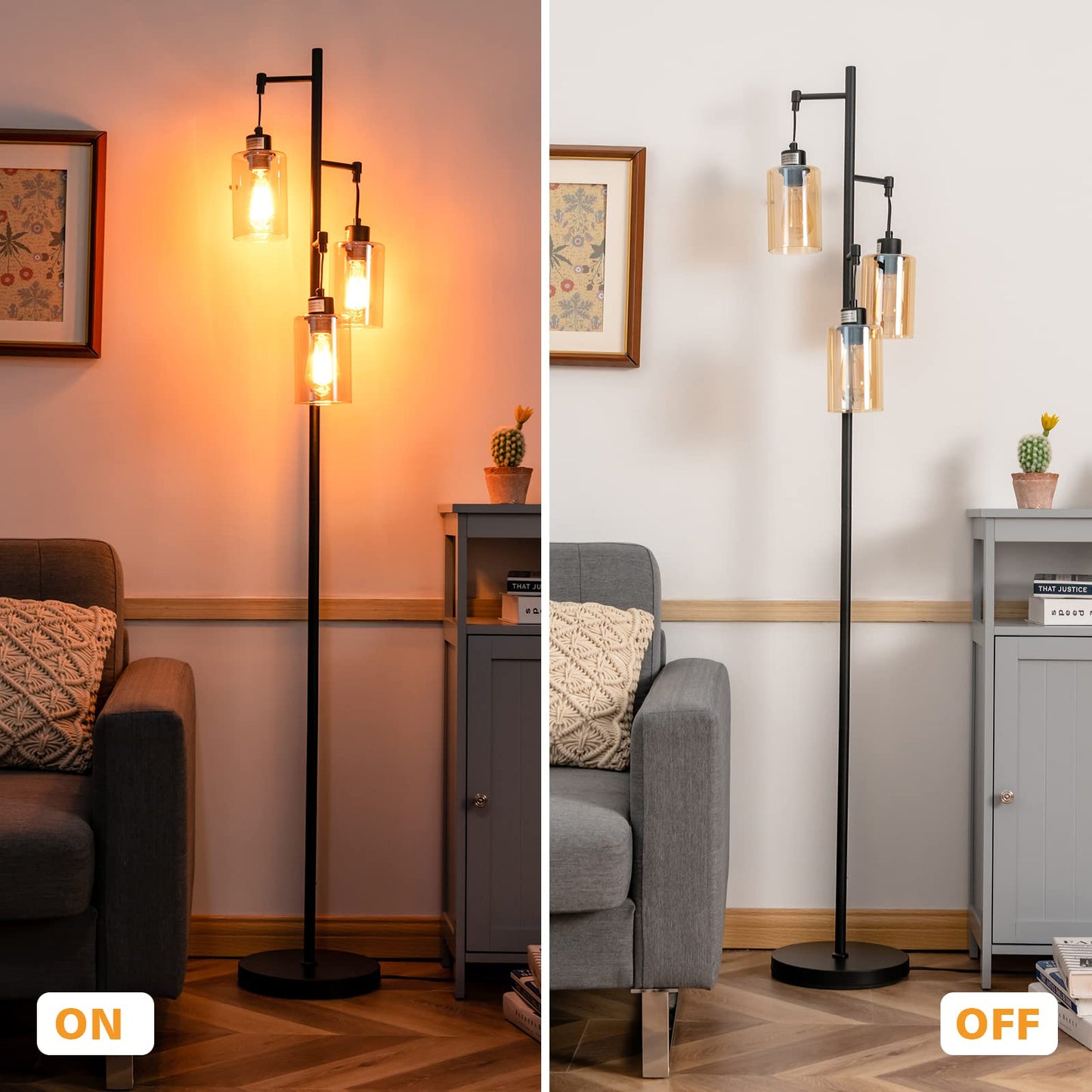 ARLIME 3 Lights Floor Lamp, Retro Floor Lamp with 3-Head Hanging Amber Glass Shade